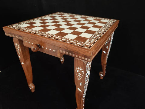 Playminds Chess Table Wooden Inlay in 16" - 18" - 20" | Wood Chess Pieces Set | Chess Board Game Table Furniture, luxury vintage style|schachtisch
