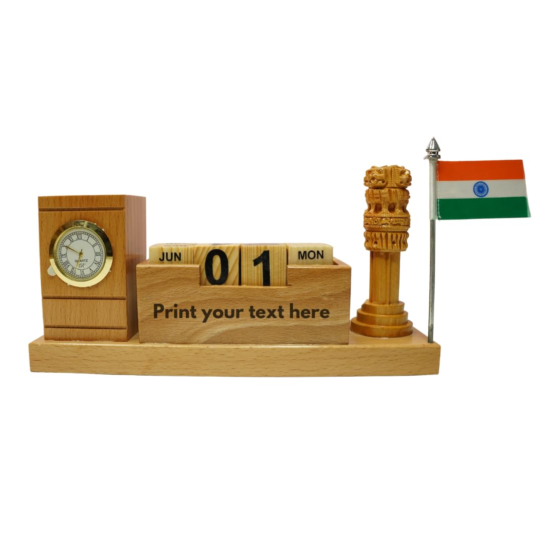 Craft Closet & Gifts - Wooden Desk Organizer with Pen Stand, Mobile Holder, Flag, Ashoka Pillar, Clock, and Calendar - Personalized Office Accessory For IAS, Advocates, Office & Corporate Gifts
