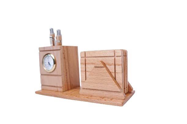 Playminds Personalized Gift, Wooden Desk Organizer with Clock |Pen Holder with Tea Coaster |Office/Home Decor