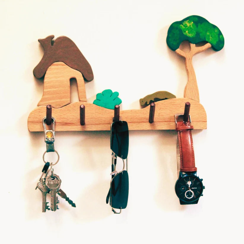 Playminds Forest-House Kids Wall Hanger (Seenary with house, bush, tree and a Fox)| Keys, Cloths, ID Cards Hanger| Kids Room Organizer | Natural Wood Hanger