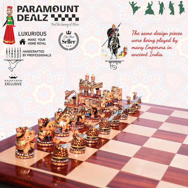 Playminds Royal Maharaja Handcrafted Carved Chess Set with 21 Inches Sheeshamwood Chess Board, Perfect chess set for every home