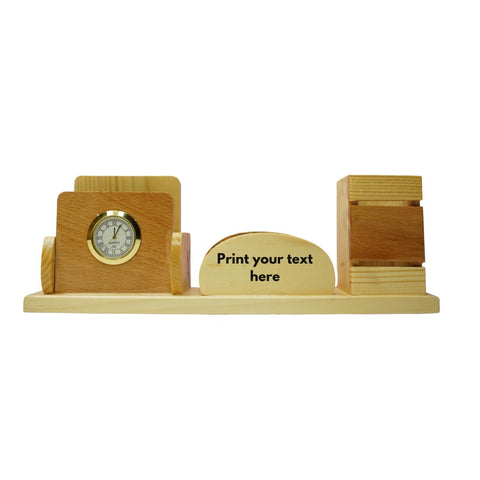 Craft Closet & Gifts - Wooden Pencil/Pen Stand Holder with Clock, Mobile Holder, and Card Holder - Design 2 - Customized Table Desk Office Accessory for IAS, Advocate, Office & Corporate Gifts