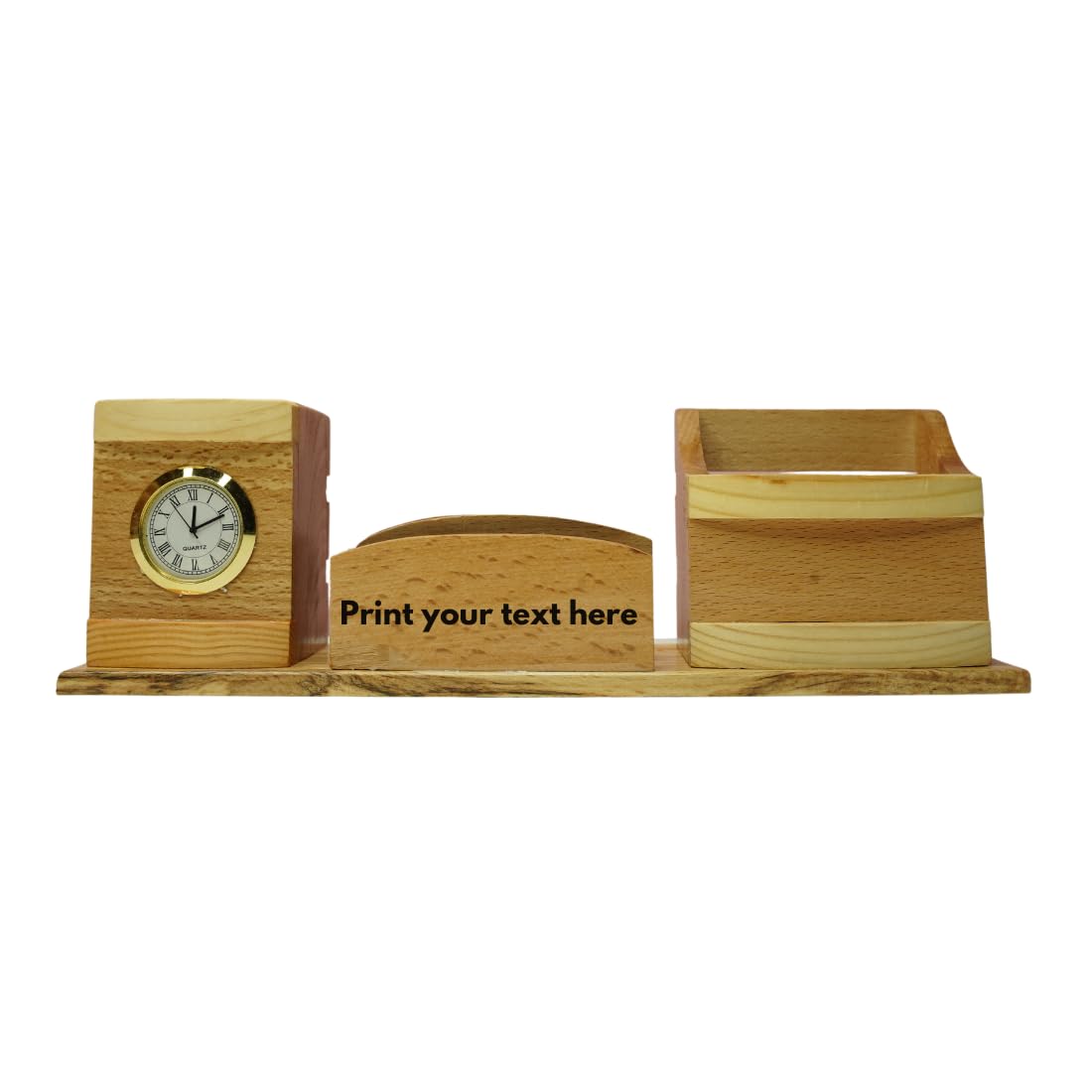 Craft Closet & Gifts - Steam Beech Wood Pencil/Pen Stand Holder with Mobile and Card Holder + Clock - Design 1 - Personalized Office Accessory for IAS, Advocate, Office & Corporate Gifts