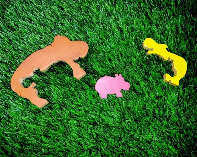 Playminds Hippo Family Brain Teaser Jigsaw Animal Puzzle set (3 pieces)| Lock in blocks puzzle set| Animals Puzzle| Wooden Puzzle