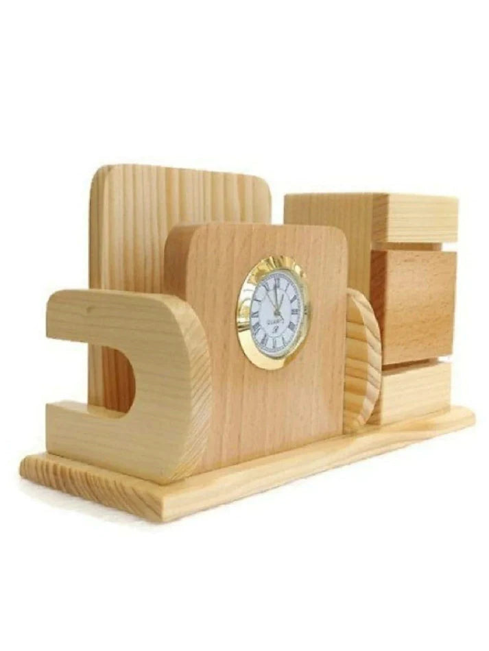 Playminds Personalized Gift, Wooden Desk Organizer with Clock |Pen, Cards & Mobile Holder |Office/Home Decor