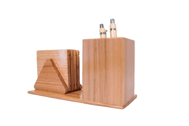 Playminds Personalized Gift, Wooden Desk Organizer with Clock |Pen Holder with Tea Coaster |Office/Home Decor