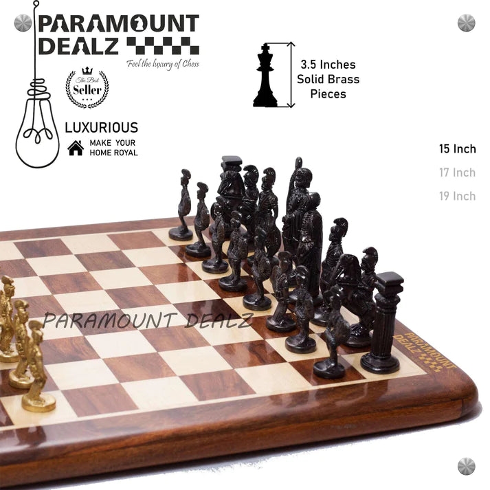 Playminds Handcrafted Brass Chess Set (FLAT Wooden Sheesham Board with Solid Brass Chess Set) - Best for Chess Enthusiasts and Gifting purpose