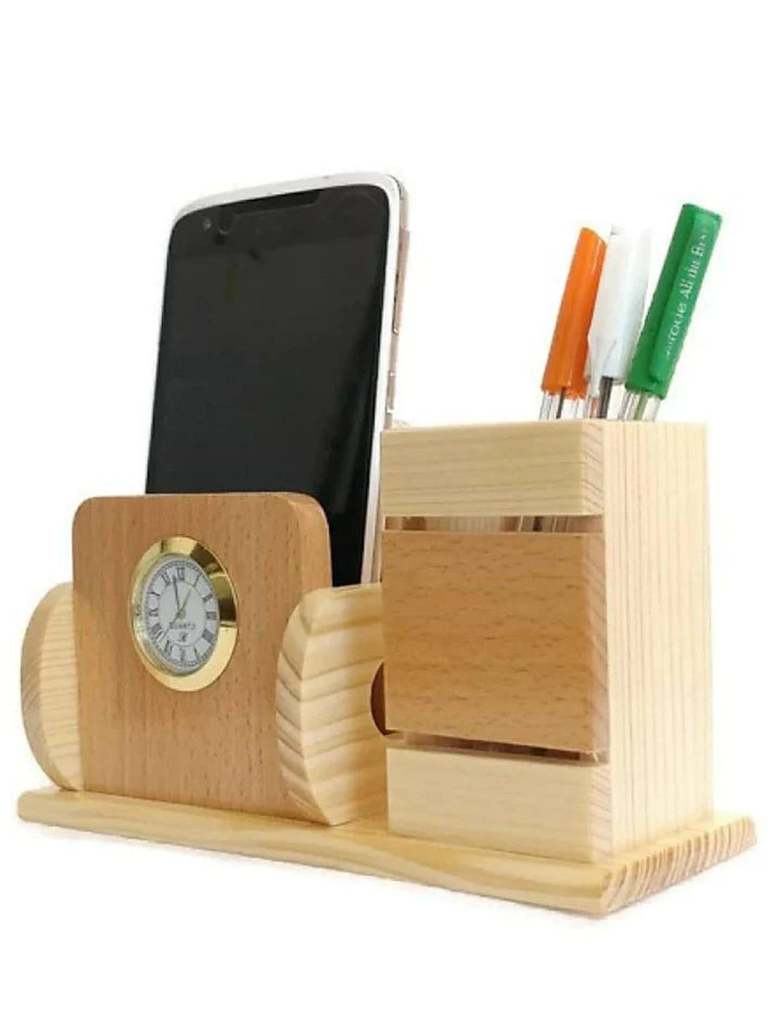 Playminds Personalized Gift, Wooden Desk Organizer with Clock |Pen, Cards & Mobile Holder |Office/Home Decor