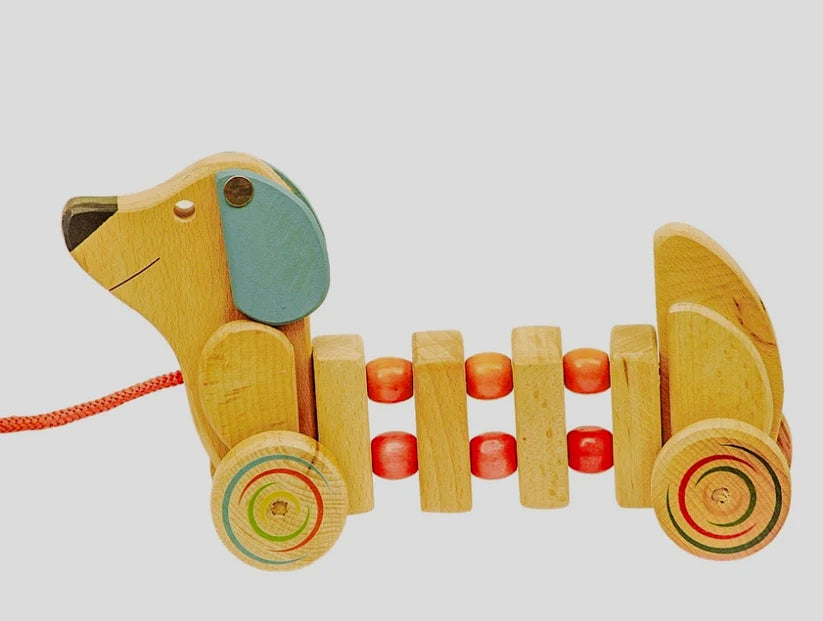 Playminds Wriggly pul along Dog toy (Age 1-4 years)| Wooden Push/PullToy | Natural Toy