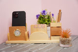 Craft Closet & Gifts - Wooden Pencil/Pen Stand Holder with Clock, Mobile Holder, and Card Holder - Design 2 - Customized Table Desk Office Accessory for IAS, Advocate, Office & Corporate Gifts
