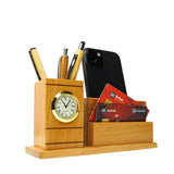 Craft Closet & Gifts - Wooden Pencil/Pen Stand Holder with Clock, Mobile Holder, and Card Holder - Design 1 - Personalized Office Desk Supplies Accessory for IAS, Advocate, Office & Corporate Gifts