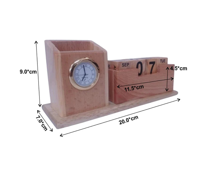 Playminds Personalized Gift, Wooden Desk Organizer with Clock|Pen, Pencil, Marker Holder & Table Calendar| Office/Home Decor