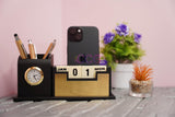Craft Closet & Gifts - Personalized Classic Matte Black Pencil Pen Holder Stand with Clock, Rolling Calendar & Mobile Stand For IAS, Advocates, Office & Corporate Gifts (Customized)