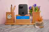 Craft Closet & Gifts - Handcrafted Steam Beech Wooden Desk Supplies Organizer with Clock, Dual Pen/Pencil Stand Holder, Mobile & Card Slots For IAS, Advocates, Office & Corporate Gifts (Customized)