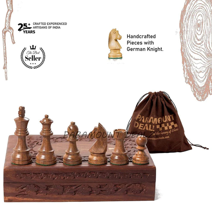 Tournament Series Handmade Wooden Weighted 3.75" King Size 32 + 2 Extra Queens German Knight Chess Pieces with Velvet Carry Pouch