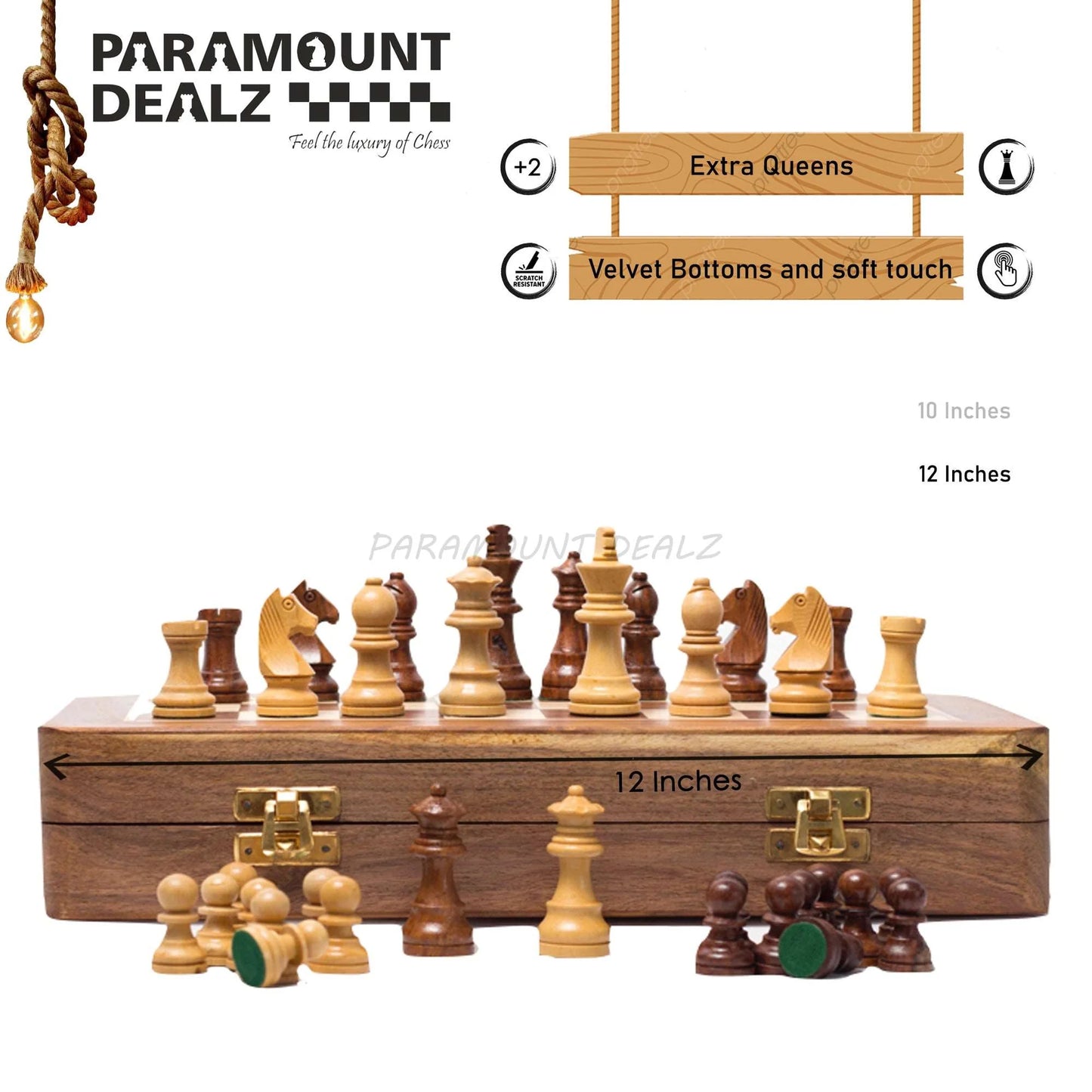 Playminds 12 Inches Handcrafted Magnetic Foldable Wooden Handcrafted Chess Set Chess Board with handcrafted wooden magnetic chess pieces (Indian Rosewood & Maple wood)