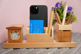 Craft Closet & Gifts - Wooden Pencil/Pen Stand Holder with Mobile, Card Holder and Clock - Design 2 - Personalized Office Accessory for IAS, Advocate, Office & Corporate Gifts