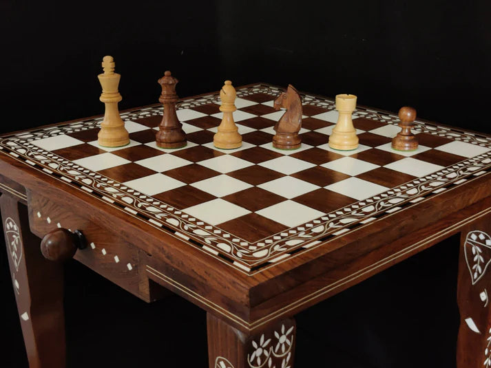 Playminds Chess Table Wooden Inlay in 16" - 18" - 20" | Wood Chess Pieces Set | Chess Board Game Table Furniture, luxury vintage style|schachtisch