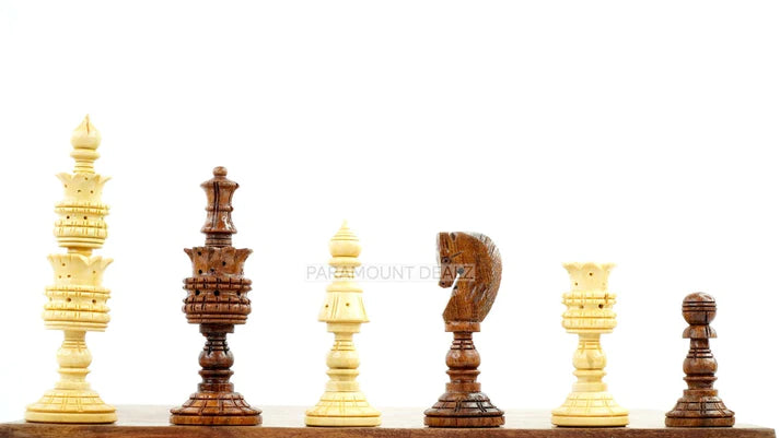 Lotus Style Series 4" King Size Handmade Wooden 32 Chessmen Chess Pieces Set with Velvet Carry Pouch and Sheesham Wooden Chess Box - Designed for Professional Players