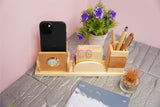 Craft Closet & Gifts - Wooden Pencil/Pen Stand Holder with Clock, Mobile Holder, and Card Holder - Design 2 - Customized Table Desk Office Accessory for IAS, Advocate, Office & Corporate Gifts