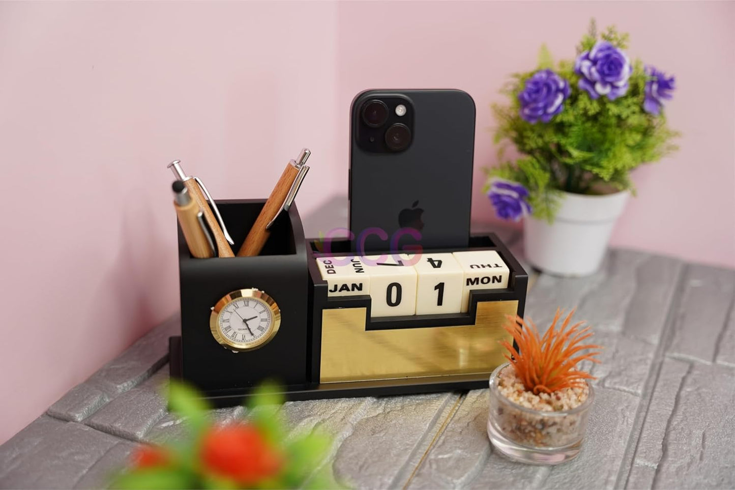 Craft Closet & Gifts - Personalized Classic Matte Black Pencil Pen Holder Stand with Clock, Rolling Calendar & Mobile Stand For IAS, Advocates, Office & Corporate Gifts (Customized)