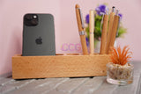Craft Closet & Gifts - Personalized Steam Beech Wooden Desk Supplies Organizer with 8 Pen/Pencil Holder Stand & Mobile Holder For IAS, Advocates, Office & Corporate Gifts (Customized)