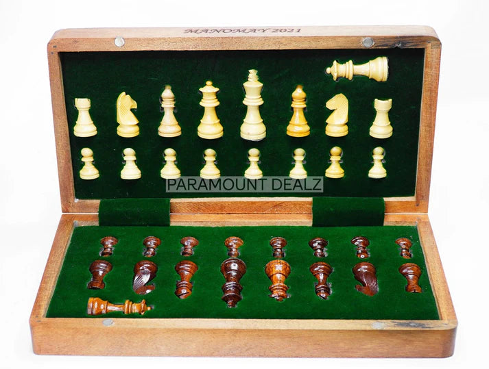 Playminds 12 Inches Handcrafted Magnetic Foldable Wooden Handcrafted Chess Set Chess Board with handcrafted wooden magnetic chess pieces (Indian Rosewood & Maple wood)