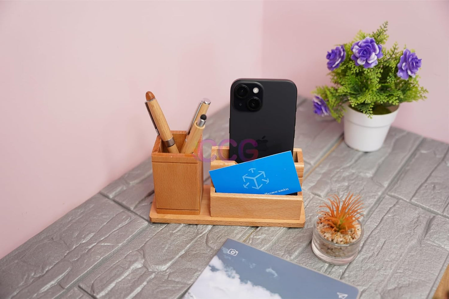 Craft Closet & Gifts - Wooden Pen Pencil Holder Stand with Card Slot and Mobile Holder - Design 2 - Personalized Office Accessory for IAS, Advocate, Office & Corporate Gifts