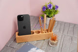 Craft Closet & Gifts - Personalized Steam Beech Wooden Desk Supplies Organizer with 8 Pen/Pencil Holder Stand & Mobile Holder For IAS, Advocates, Office & Corporate Gifts (Customized)