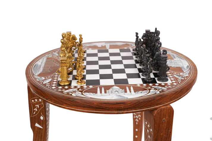 Playminds Handmade Wood Chess Table with Bone Inlay, Hand Crafted Solid Luxury Wooden Board Game & Weighted Pieces Set - Living Room Decors for Lovers