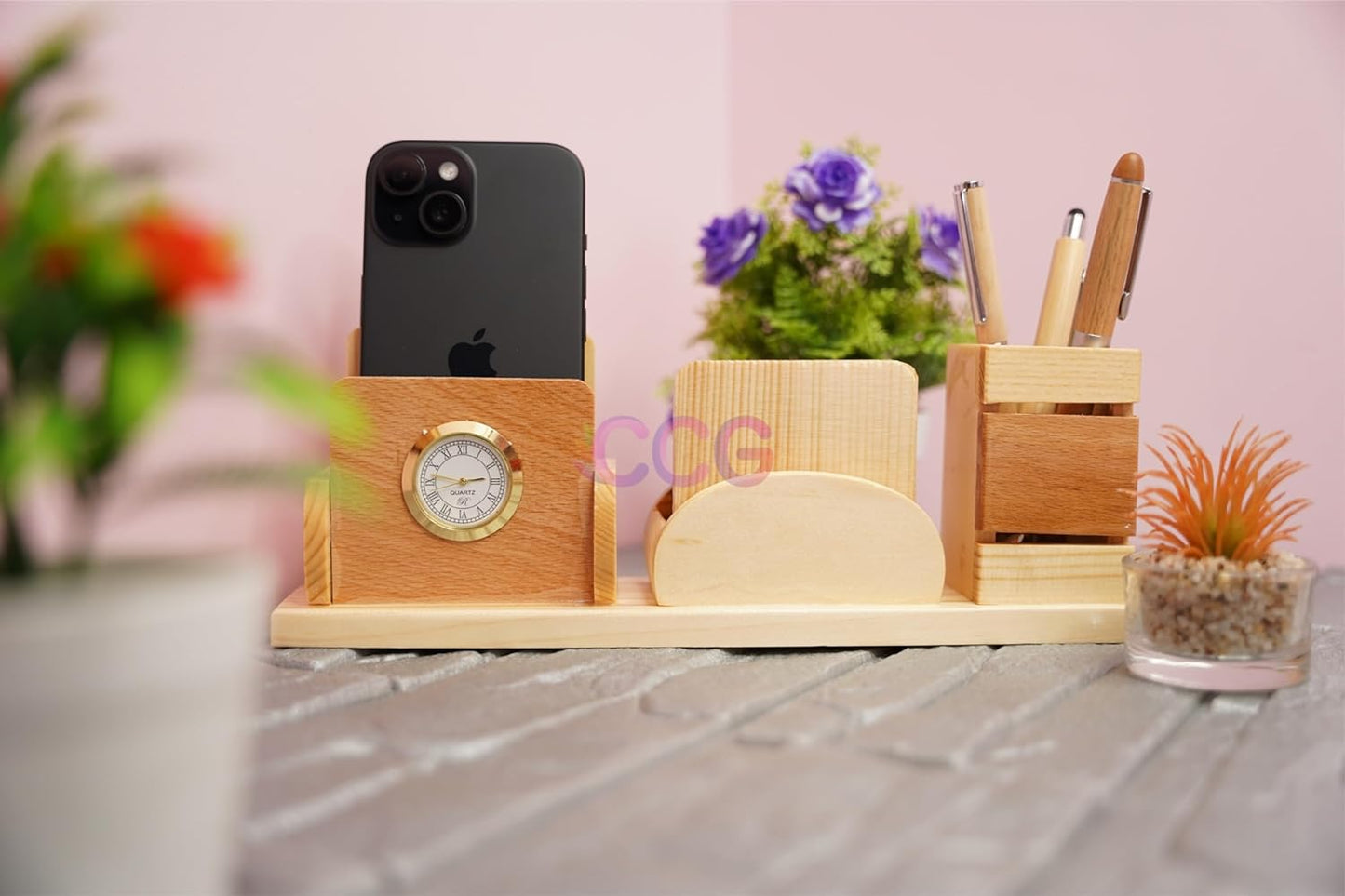 Craft Closet & Gifts - Wooden Pencil/Pen Stand Holder with Clock, Mobile Holder, and Card Holder - Design 2 - Customized Table Desk Office Accessory for IAS, Advocate, Office & Corporate Gifts