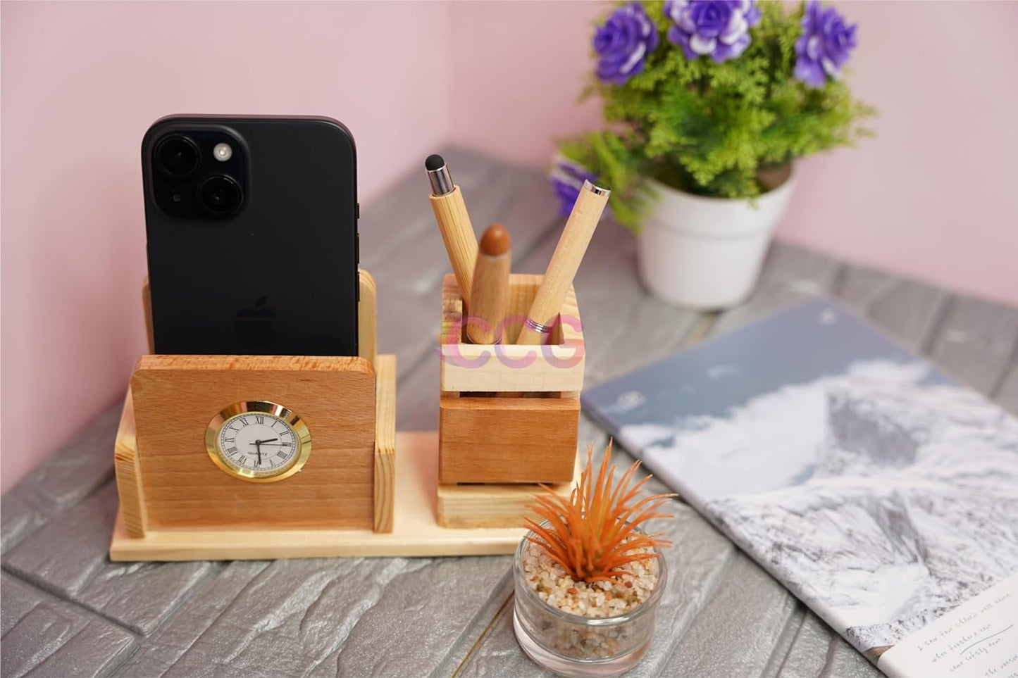 Craft Closet & Gifts - Wooden Pen/Pencil Holder Stand with Mobile Slot and Clock - Personalized Office Accessory for IAS, Advocate, Office & Corporate Gifts