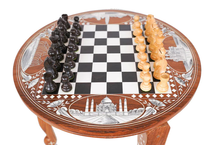 Playminds Chess Table with Bone Inlay - Hand Crafted Solid Luxury Board Game & Weighted Pieces Set - Living Room Decors for Lovers