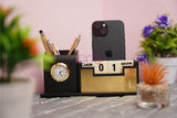 Craft Closet & Gifts - Personalized Classic Matte Black Pencil Pen Holder Stand with Clock, Rolling Calendar & Mobile Stand For IAS, Advocates, Office & Corporate Gifts (Customized)