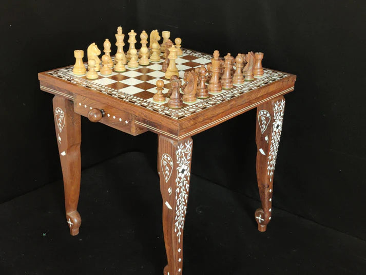 Playminds Chess Table Wooden Inlay in 16" - 18" - 20" | Wood Chess Pieces Set | Chess Board Game Table Furniture, luxury vintage style|schachtisch
