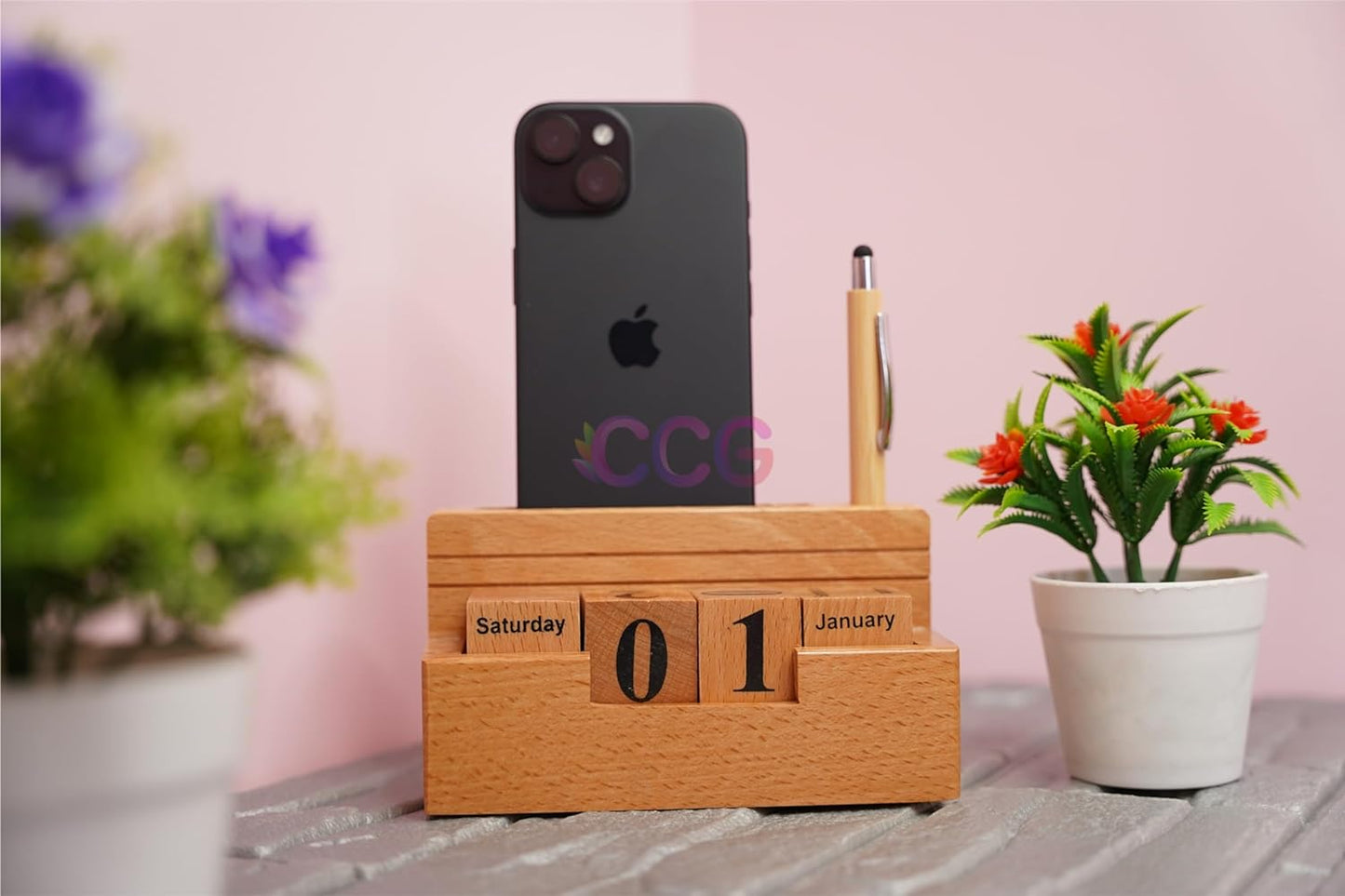 Craft Closet & Gifts - Wooden Stylish Rolling Table Calendar Design Single Pen/Pencil Holder + Mobile Stand - Personalized Office Desk Supplies Accessory for IAS, Advocate, Office & Corporate Gifts