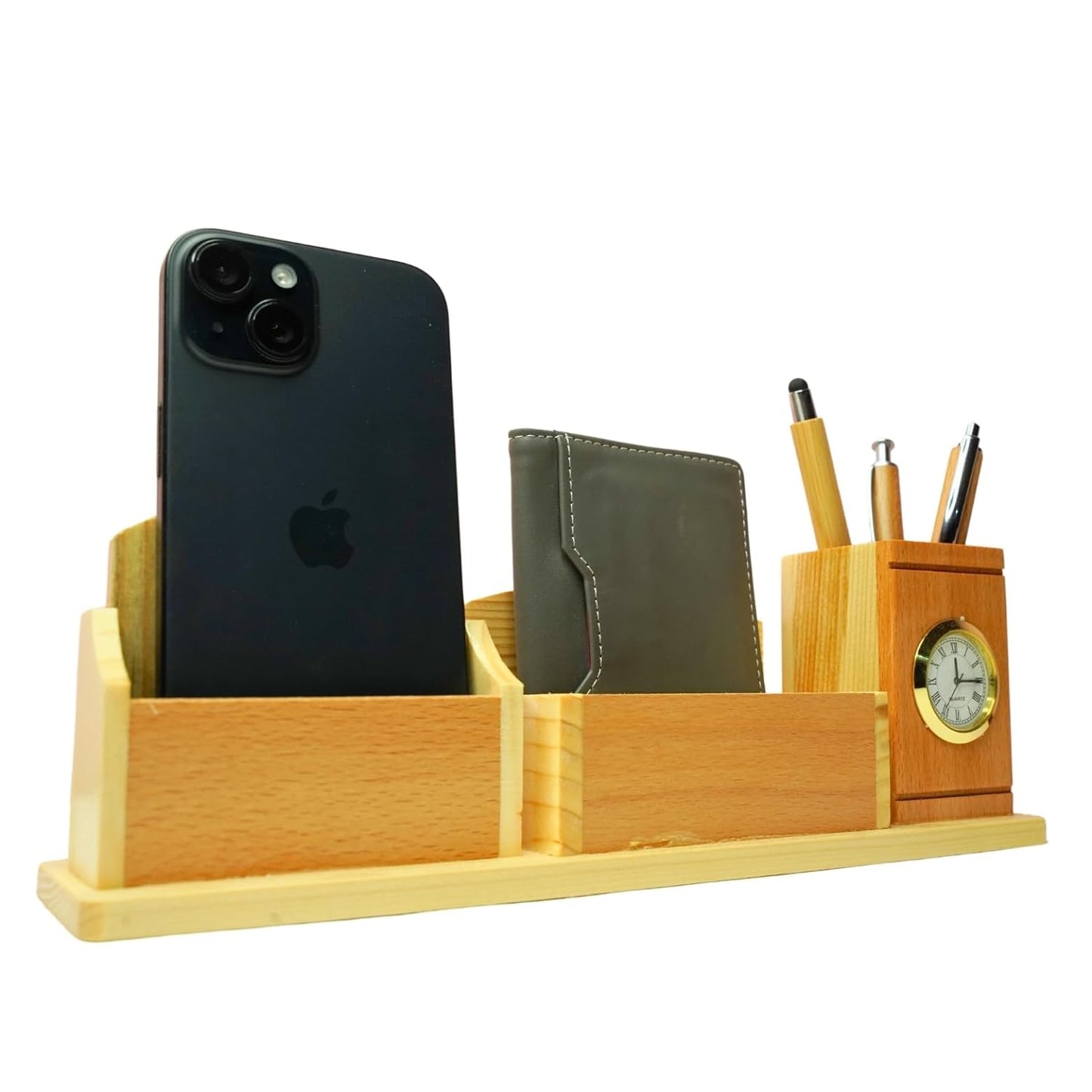 Craft Closet & Gifts - Steam Beech Wooden Desk Supplies Organizer with Clock, Wallet/Card Holder, Pen/Pencil Stand & Mobile Stand For IAS, Advocates, Office & Corporate Gifts