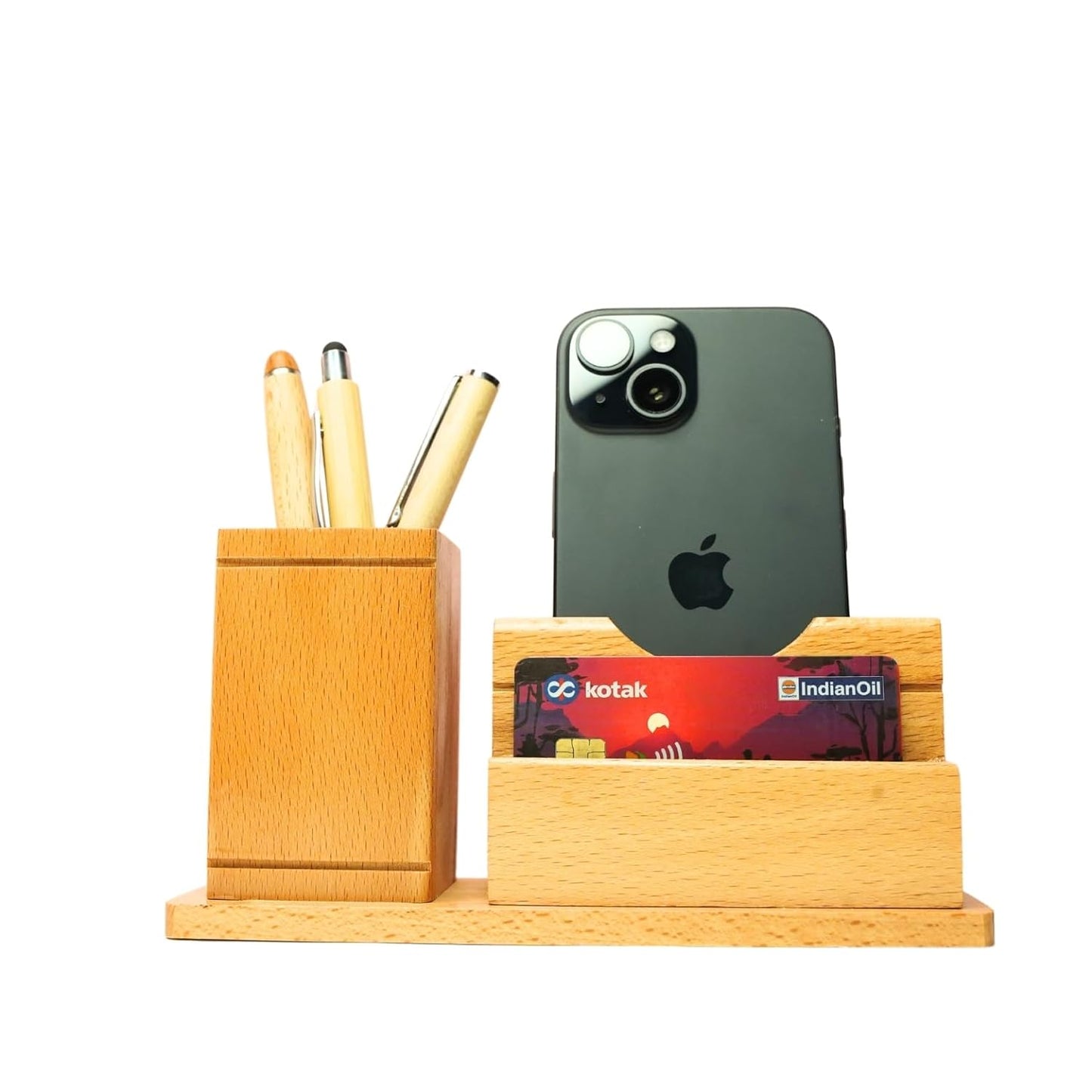 Craft Closet & Gifts - Wooden Pen Pencil Holder Stand with Card Slot and Mobile Holder - Design 2 - Personalized Office Accessory for IAS, Advocate, Office & Corporate Gifts