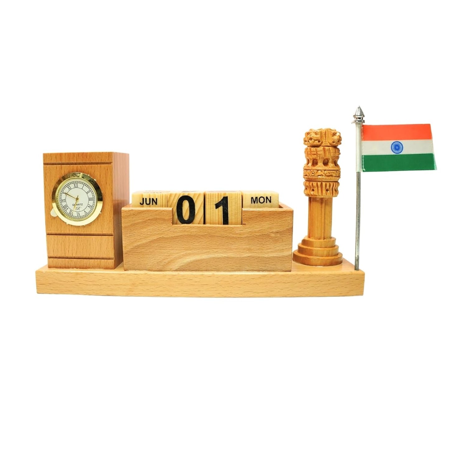 Craft Closet & Gifts - Wooden Desk Organizer with Pen Stand, Mobile Holder, Flag, Ashoka Pillar, Clock, and Calendar - Personalized Office Accessory For IAS, Advocates, Office & Corporate Gifts