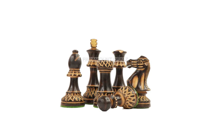 The Burnt Blazed Series Hand carved 3.75" King Size 32 + 2 Extra Queens Wooden Chess Pieces with Velvet Carry Pouch and Sheesham Wooden Chess Box