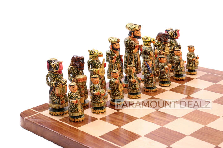 Playminds Wooden Indian Chess Musical Theme  6" Chess Set - Includes Chess Pieces and Chess Box | Made from Golden Rosewood | Handcrafted Wooden Chess Set for All