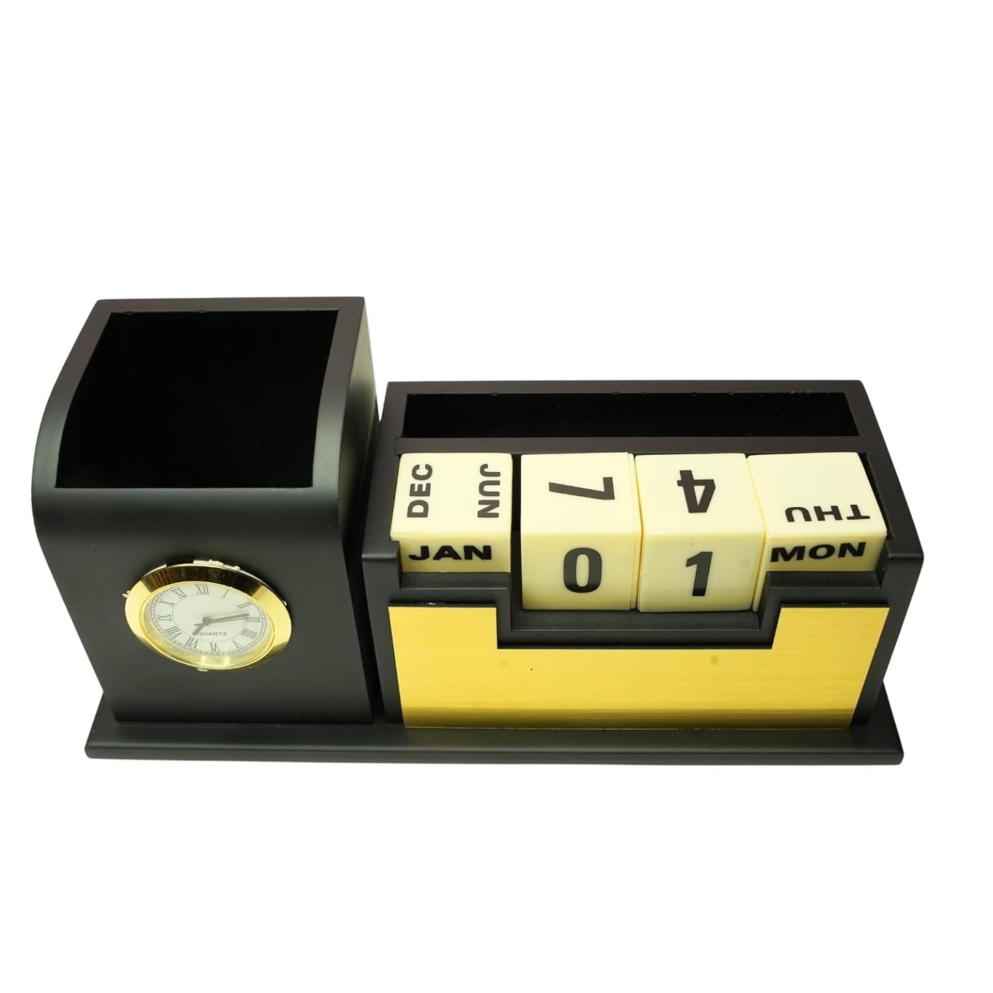 Craft Closet & Gifts - Personalized Classic Matte Black Pencil Pen Holder Stand with Clock, Rolling Calendar & Mobile Stand For IAS, Advocates, Office & Corporate Gifts (Customized)