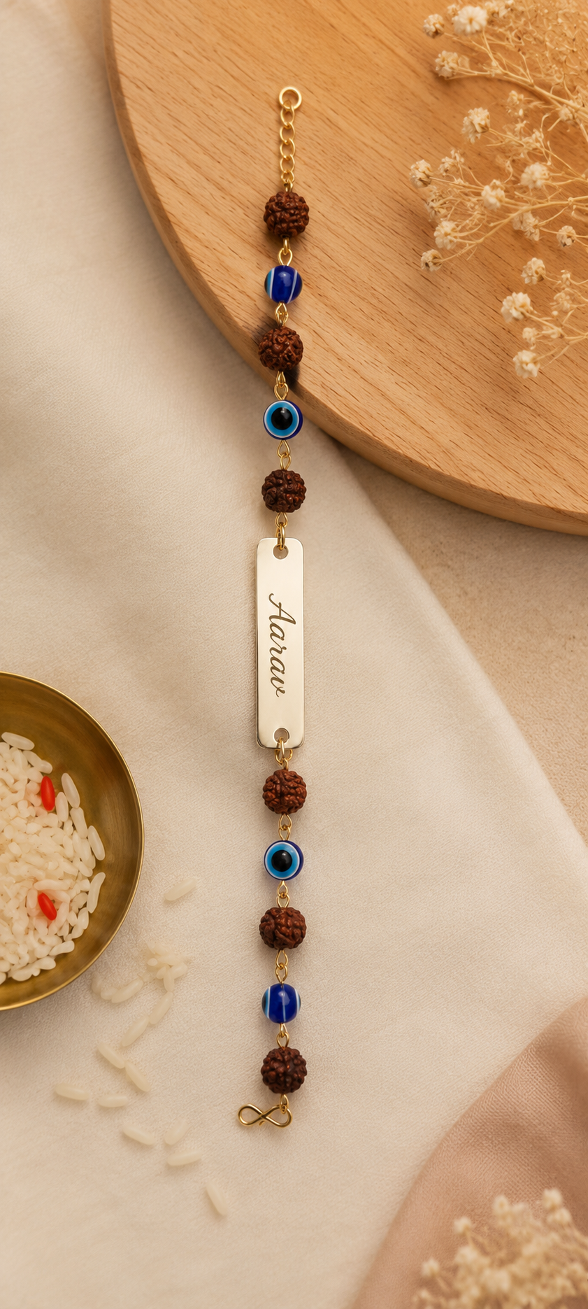 Rakhi - Personalized Evil Eye & Rudraksha Name Bracelet