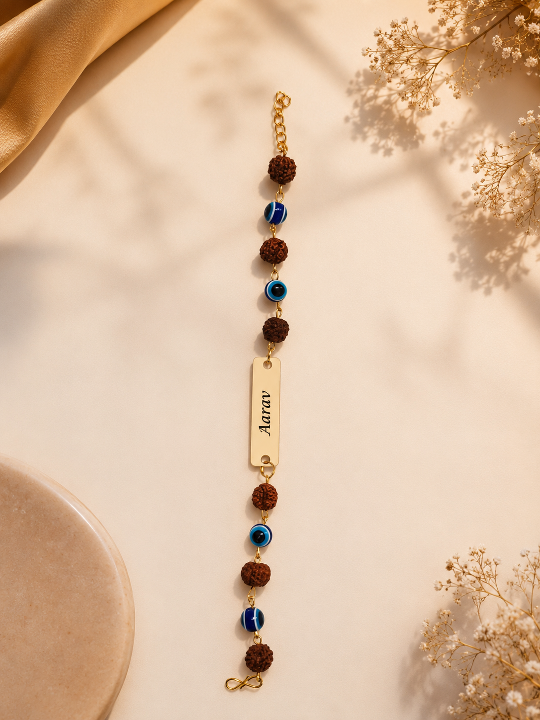 Rakhi - Personalized Evil Eye & Rudraksha Name Bracelet