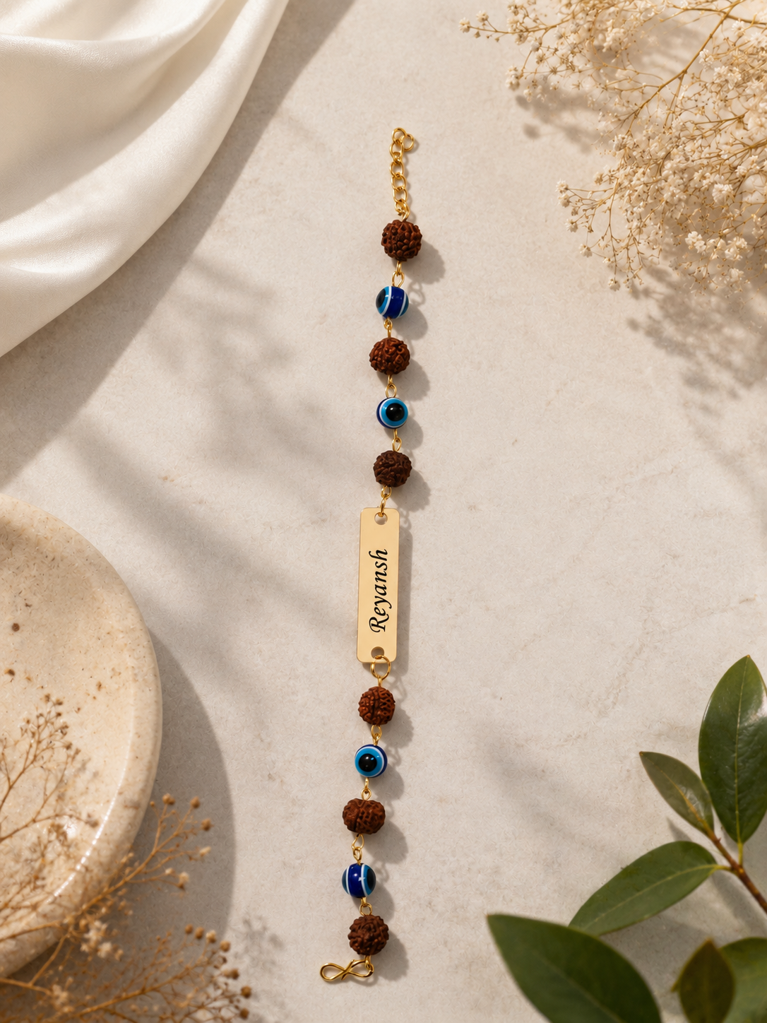 Rakhi - Personalized Evil Eye & Rudraksha Name Bracelet