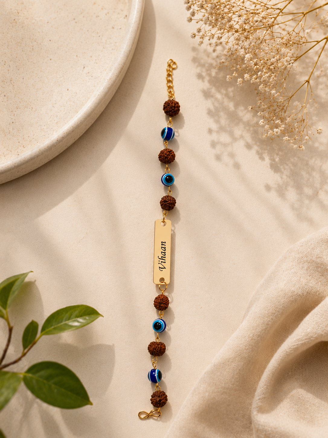 Rakhi - Personalized Evil Eye & Rudraksha Name Bracelet