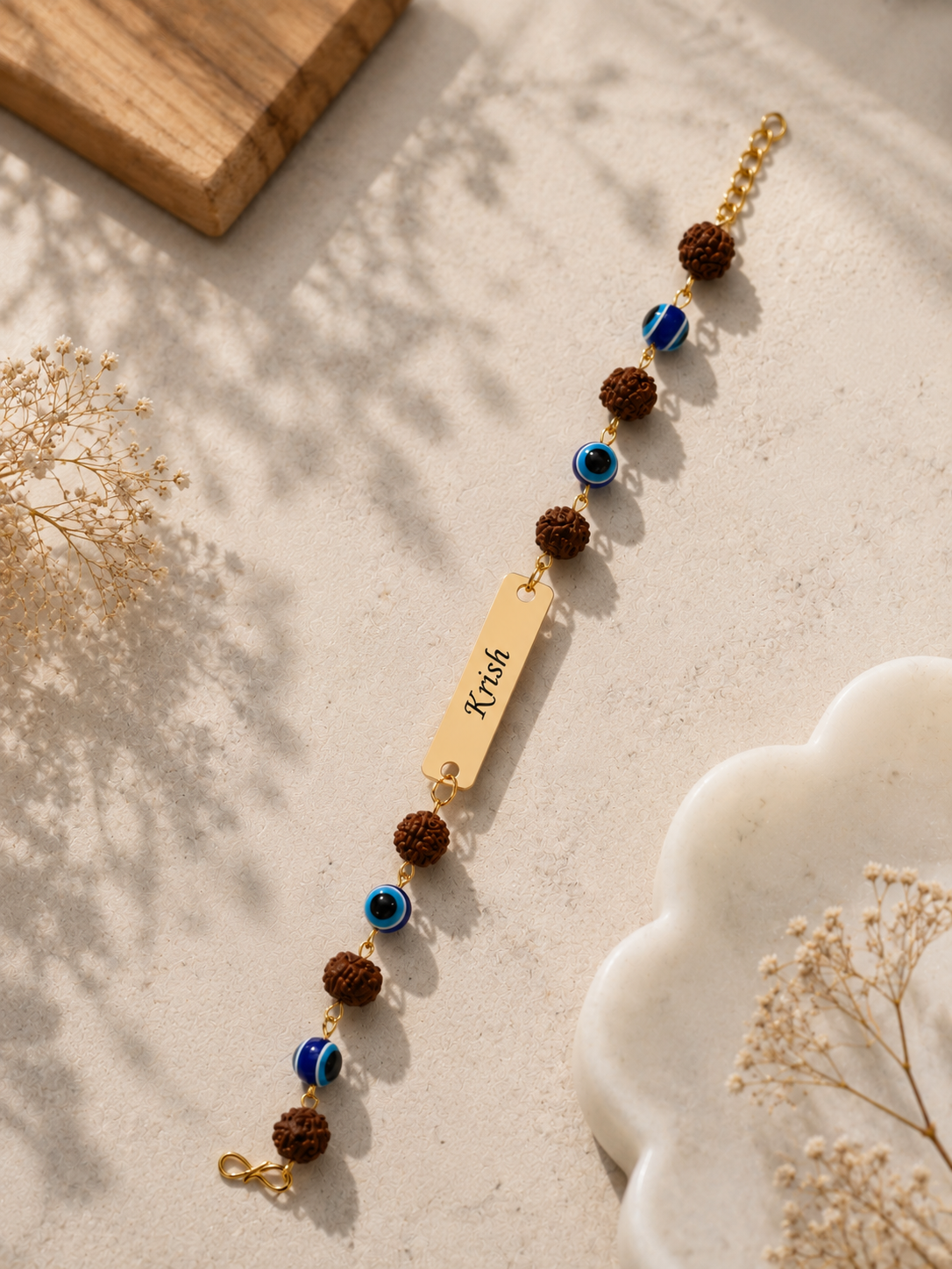 Rakhi - Personalized Evil Eye & Rudraksha Name Bracelet