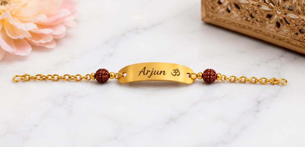 Rakhi - Personalized Golden Chain Rudraksha Name Bracelet