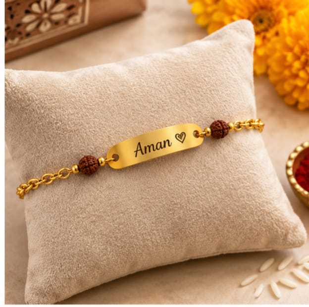 Rakhi - Personalized Golden Chain Rudraksha Name Bracelet