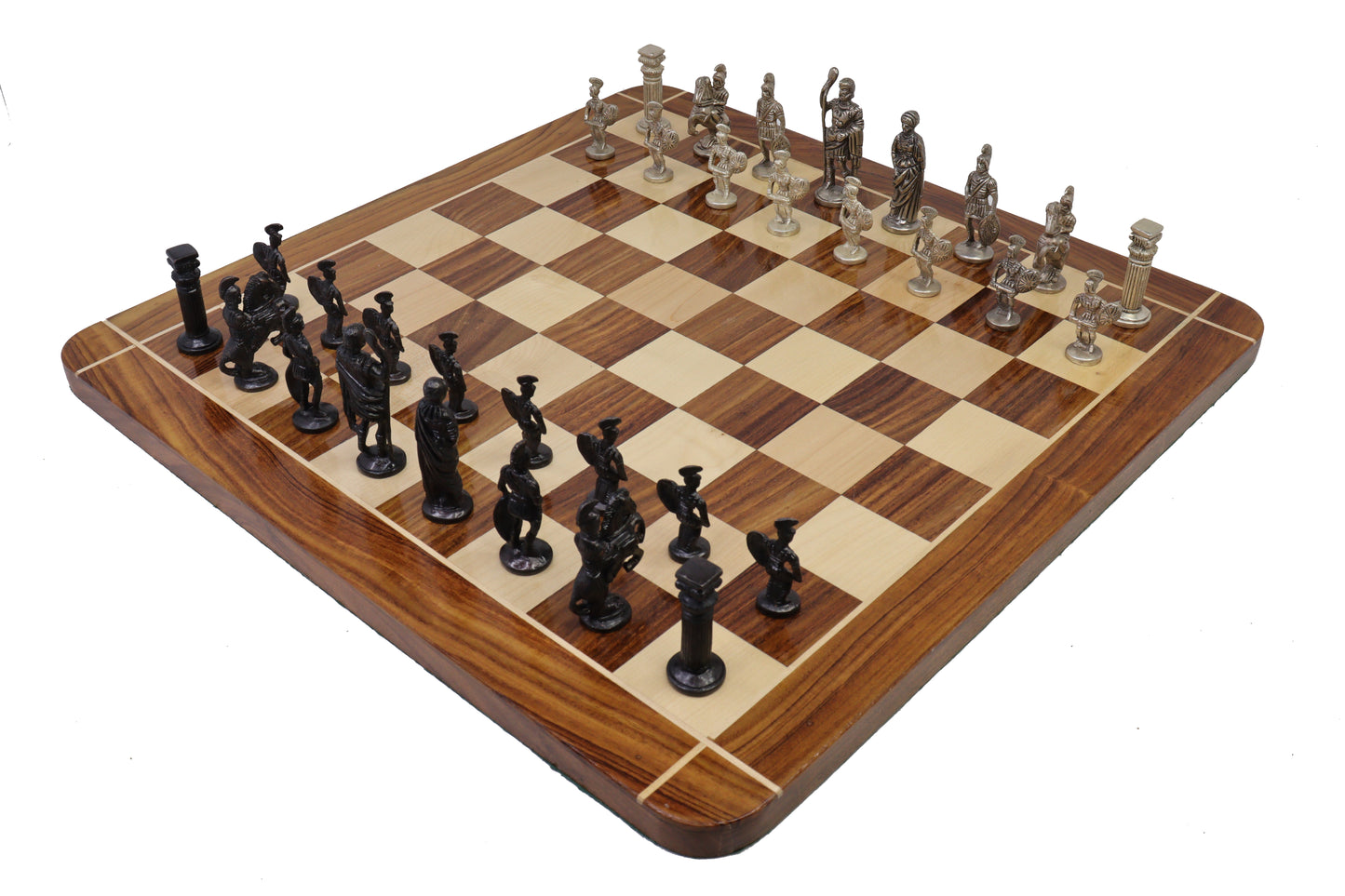 playminds Imperial Roman Chess Set with Storage Box – Black & Silver Figurines on Handcrafted Wooden Board